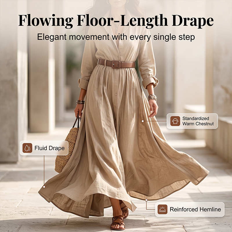 🌸Hot Sale 50% OFF💖Women Long Sleeve Shirt Maxi Dress with Belt Classic Turndown Collar Holiday Resort Long Dress