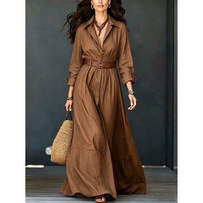 🌸Hot Sale 50% OFF💖Women Long Sleeve Shirt Maxi Dress with Belt Classic Turndown Collar Holiday Resort Long Dress