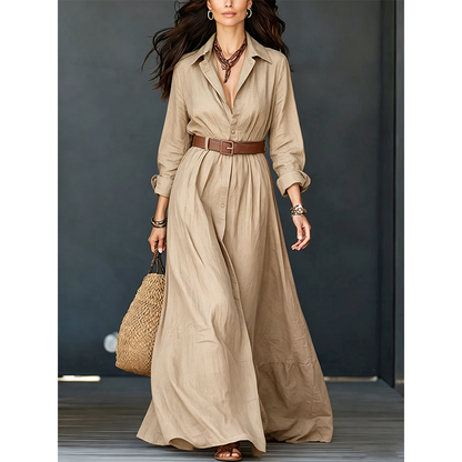 🌸Hot Sale 50% OFF💖Women Long Sleeve Shirt Maxi Dress with Belt Classic Turndown Collar Holiday Resort Long Dress