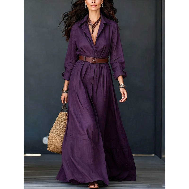 🌸Hot Sale 50% OFF💖Women Long Sleeve Shirt Maxi Dress with Belt Classic Turndown Collar Holiday Resort Long Dress