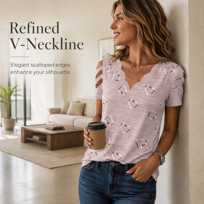 Women’s Scalloped V-Neck Heart Print T-Shirt