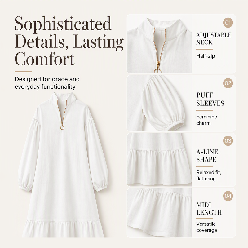 🌸Hot Sale 50% OFF💖Women's Half-Zip Stand Collar Dress with Lantern Sleeves