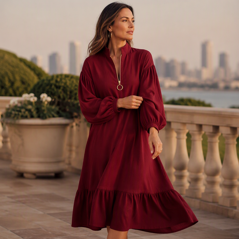 🌸Hot Sale 50% OFF💖Women's Half-Zip Stand Collar Dress with Lantern Sleeves