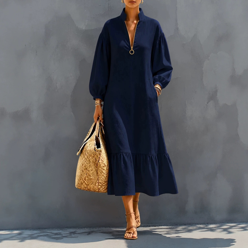 🌸Hot Sale 50% OFF💖Women's Half-Zip Stand Collar Dress with Lantern Sleeves