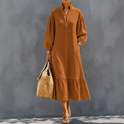 🌸Hot Sale 50% OFF💖Women's Half-Zip Stand Collar Dress with Lantern Sleeves