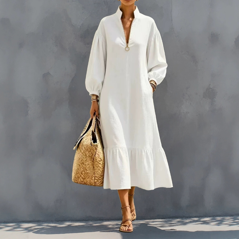 🌸Hot Sale 50% OFF💖Women's Half-Zip Stand Collar Dress with Lantern Sleeves