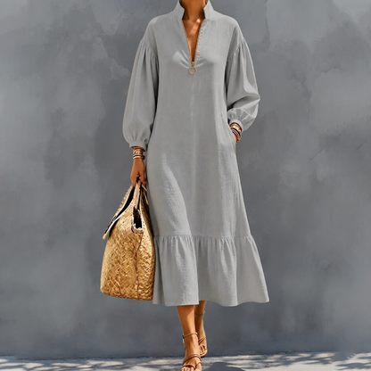 🌸Hot Sale 50% OFF💖Women's Half-Zip Stand Collar Dress with Lantern Sleeves