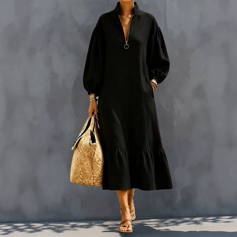 🌸Hot Sale 50% OFF💖Women's Half-Zip Stand Collar Dress with Lantern Sleeves