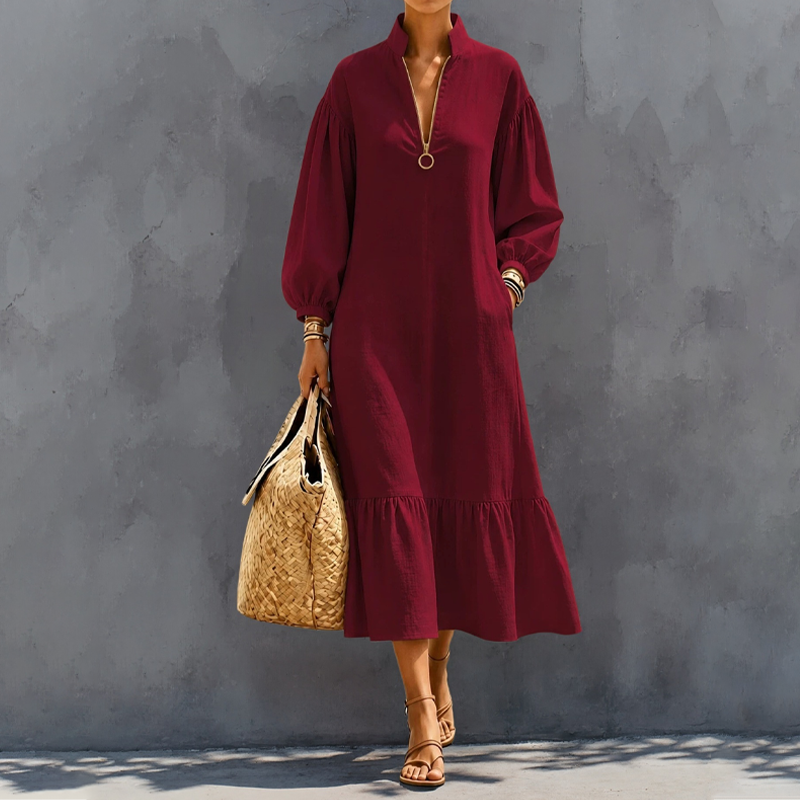🌸Hot Sale 50% OFF💖Women's Half-Zip Stand Collar Dress with Lantern Sleeves