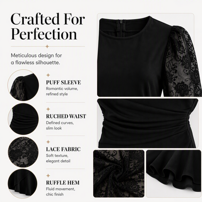 ⌛Limited-time offer-Women's Lace Puff Sleeve Ruched Bodycon Dress