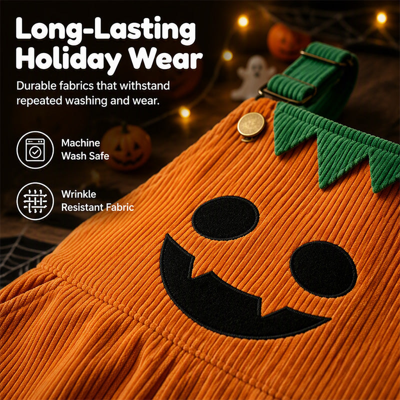Kids Halloween Pumpkin Corduroy Overalls Suspender Shorts with Pockets