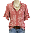 Women's Vintage Floral Top with Ruffled V-Neckline