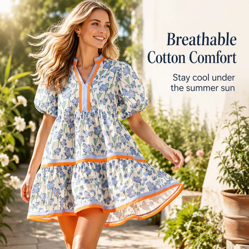 ⏰Summer Hot Sale 50% OFF💃Women's V Neck Floral Short Puff Sleeve Patchwork Casual Boho Mini Dress👍✨Soft Fabric & Comfortable Fit