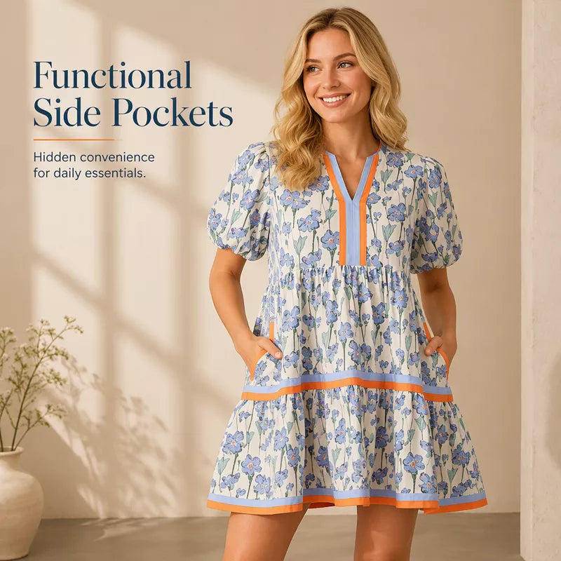 ⏰Summer Hot Sale 50% OFF💃Women's V Neck Floral Short Puff Sleeve Patchwork Casual Boho Mini Dress👍✨Soft Fabric & Comfortable Fit