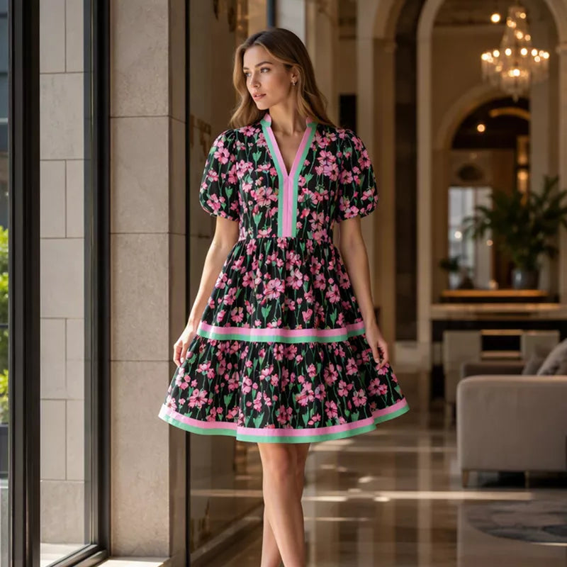 ⏰Summer Hot Sale 50% OFF💃Women's V Neck Floral Short Puff Sleeve Patchwork Casual Boho Mini Dress👍✨Soft Fabric & Comfortable Fit
