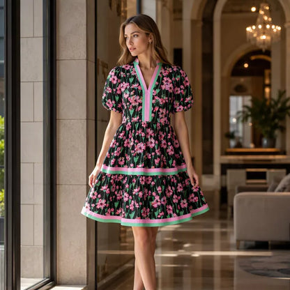 ⏰Summer Hot Sale 50% OFF💃Women's V Neck Floral Short Puff Sleeve Patchwork Casual Boho Mini Dress👍✨Soft Fabric & Comfortable Fit