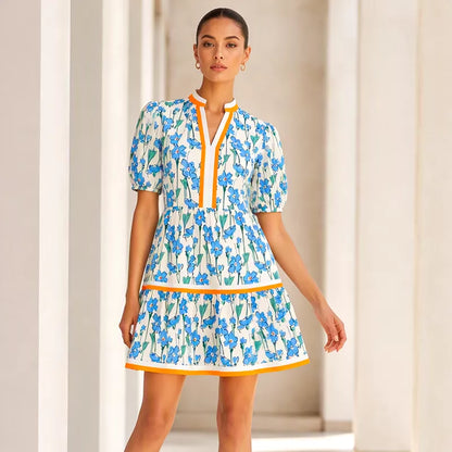⏰Summer Hot Sale 50% OFF💃Women's V Neck Floral Short Puff Sleeve Patchwork Casual Boho Mini Dress👍✨Soft Fabric & Comfortable Fit