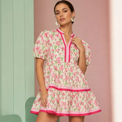 ⏰Summer Hot Sale 50% OFF💃Women's V Neck Floral Short Puff Sleeve Patchwork Casual Boho Mini Dress👍✨Soft Fabric & Comfortable Fit