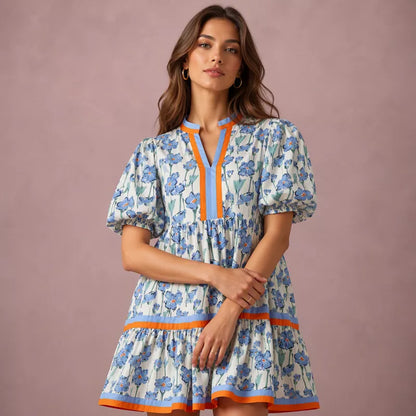 ⏰Summer Hot Sale 50% OFF💃Women's V Neck Floral Short Puff Sleeve Patchwork Casual Boho Mini Dress👍✨Soft Fabric & Comfortable Fit