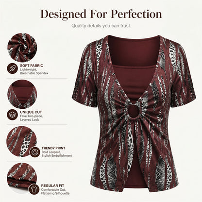 👚 50% OFF NOW!🔥 Leopard Print Top – Retro Square Neck & Mock 2-Piece – Short Sleeve Slim Fit – Breathable Summer Blouse 👗