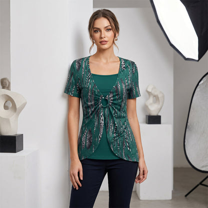 👚 50% OFF NOW!🔥 Leopard Print Top – Retro Square Neck & Mock 2-Piece – Short Sleeve Slim Fit – Breathable Summer Blouse 👗