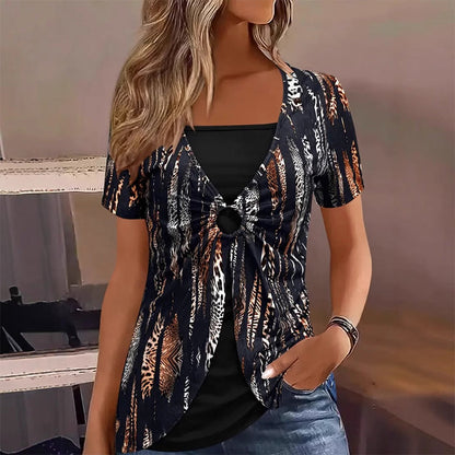 👚 50% OFF NOW!🔥 Leopard Print Top – Retro Square Neck & Mock 2-Piece – Short Sleeve Slim Fit – Breathable Summer Blouse 👗