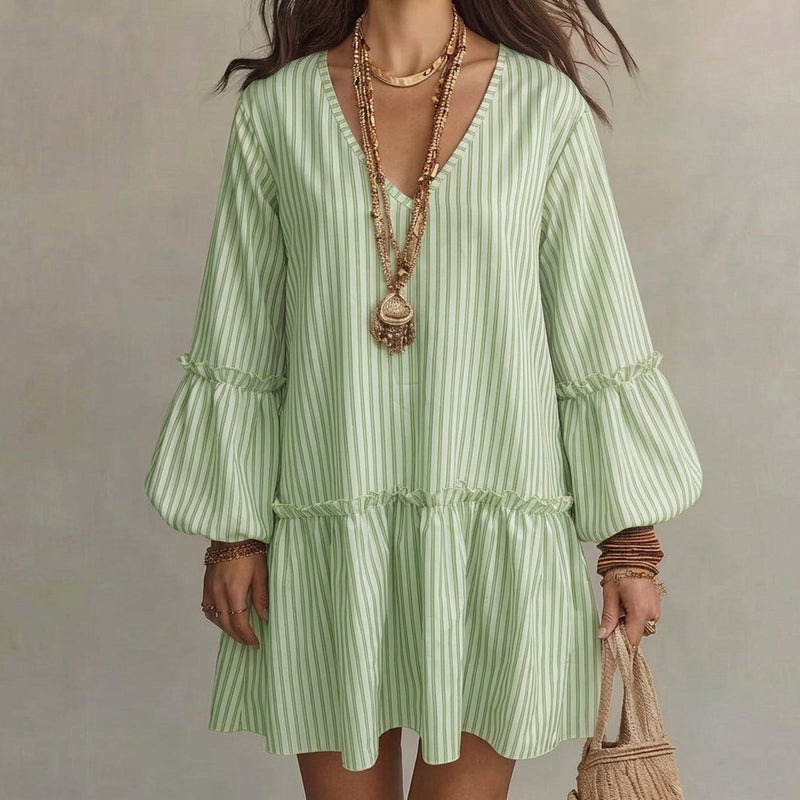 🌸👗New Arrivals - Striped Lantern Sleeve Midi Dress – Flattering V-Neck & Breezy Silhouette for Any Casual Day