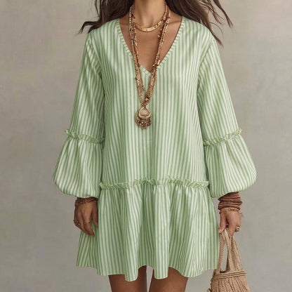 🌸👗New Arrivals - Striped Lantern Sleeve Midi Dress – Flattering V-Neck & Breezy Silhouette for Any Casual Day