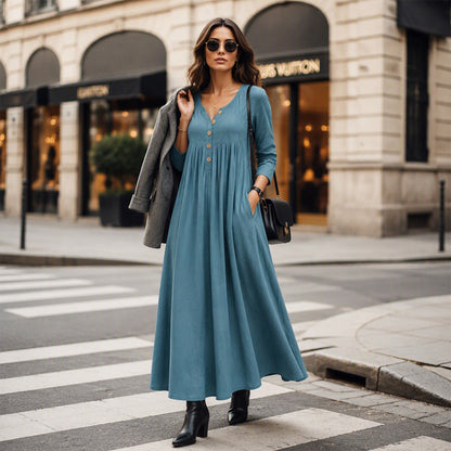 🌸Hot Sale 50% OFF💖Women's V-Neck Button Pleated Dress