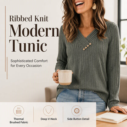 ⏰Last Day Sale 50% Off💃Women's Ribbed Knit V-Neck Top with Decorative Buttons