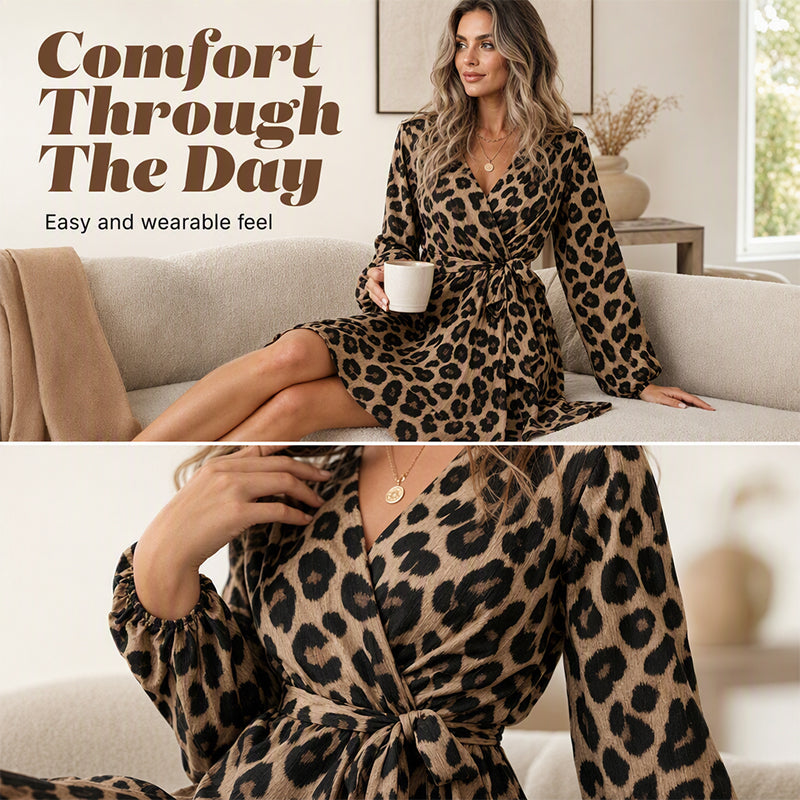 ⌛Limited-Time Offer🛍️ Women's Leopard Print V-Neck Ruffle Dress with Waist Tie