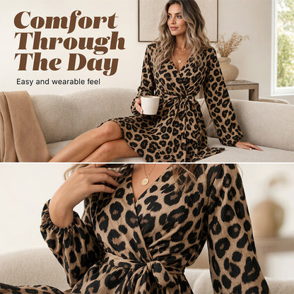 ⌛Limited-Time Offer🛍️ Women's Leopard Print V-Neck Ruffle Dress with Waist Tie