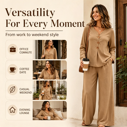 ⏰Last Day Sale 50% Off 💃 Women's V-Neck Long Sleeve Top & Wide-Leg Pants Set