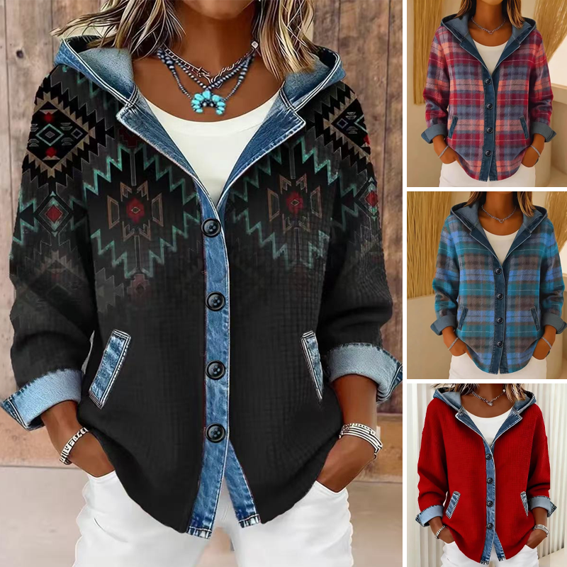 ⏰Last Day Sale 50% Off💃 Women's Denim Patchwork Hooded Jacket