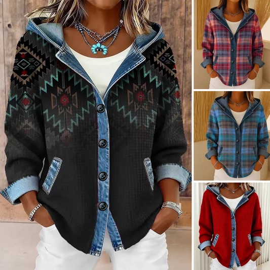 ⏰Last Day Sale 50% Off💃 Women's Denim Patchwork Hooded Jacket