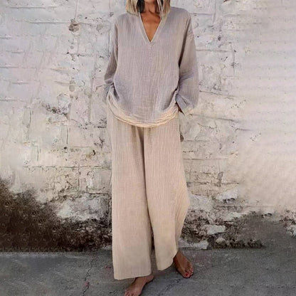 ⌛Limited-Time Offer🛍️ Casual Solid Color V-Neck Long Sleeve Top & Wide-Leg Pants Set