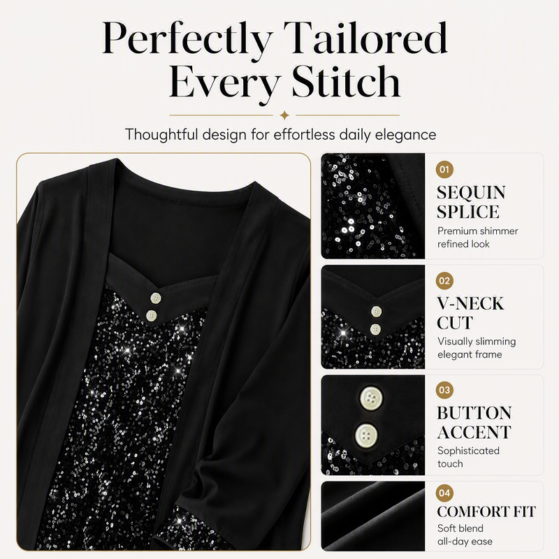 ✨👚New Arrivals - Mock Layered Top with Sequin Detail – Eye-Catching Shine & Versatile Wear for Any Occasion