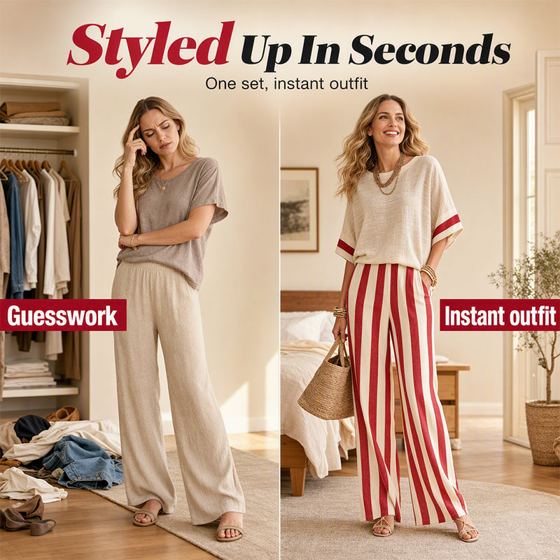 ✨ Women's Casual Striped Two Piece Wide Leg Pants Set – Effortless Style, All-Day Comfort