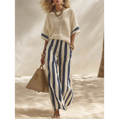 ✨ Women's Casual Striped Two Piece Wide Leg Pants Set – Effortless Style, All-Day Comfort