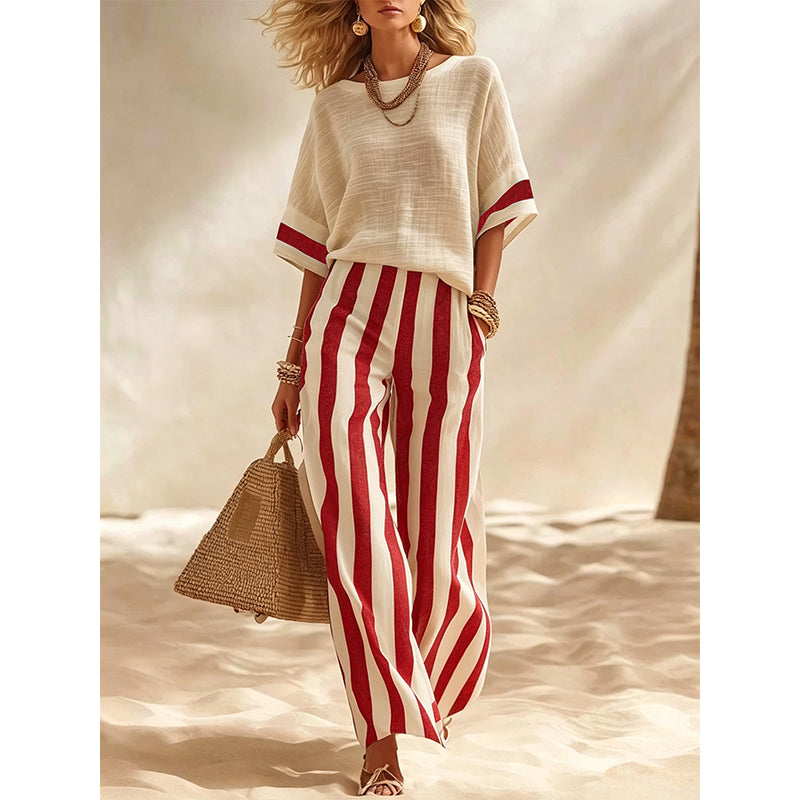 ✨ Women's Casual Striped Two Piece Wide Leg Pants Set – Effortless Style, All-Day Comfort