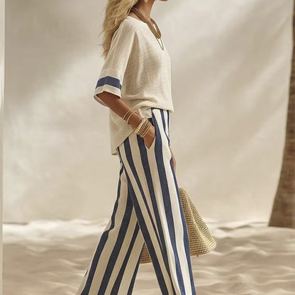 ✨ Women's Casual Striped Two Piece Wide Leg Pants Set – Effortless Style, All-Day Comfort