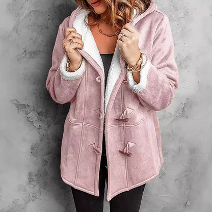 🧥Seasonal Style - Double-Breasted Hooded Coat – Soft Suede Outer & Warm Lining for Commute or Outdoor Wear
