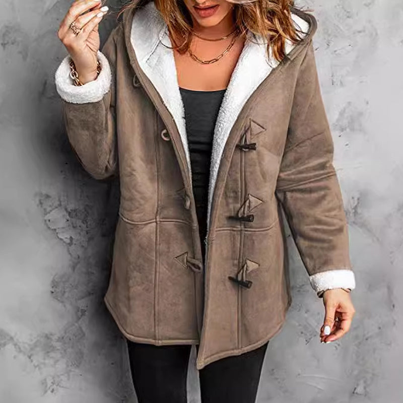 🧥Seasonal Style - Double-Breasted Hooded Coat – Soft Suede Outer & Warm Lining for Commute or Outdoor Wear