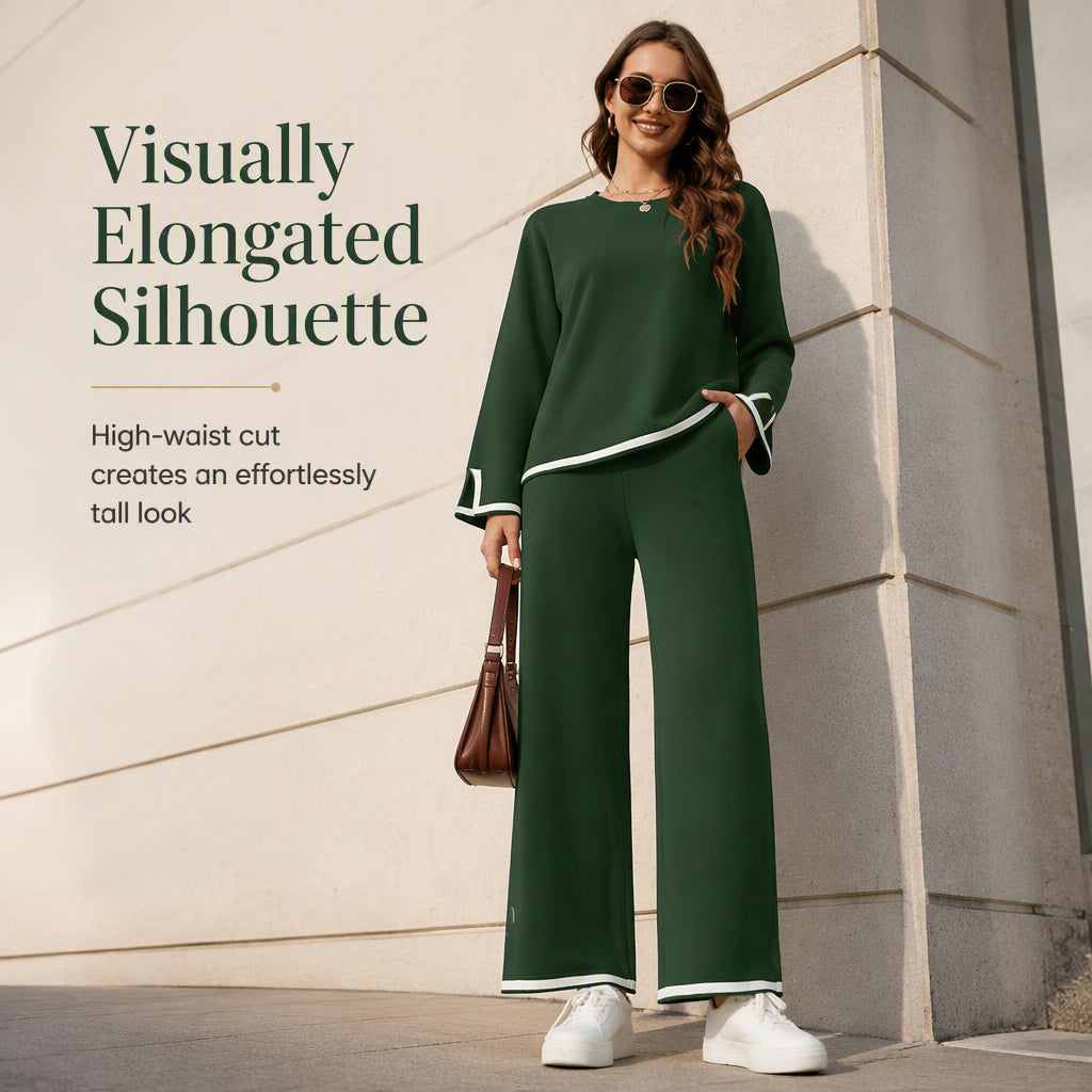 👚New Arrivals - Top & Wide-Leg Trousers Set – Contrast Drawstring Details & Versatile Pockets for Coffee Runs or Lounging