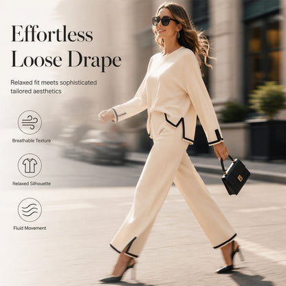 👚New Arrivals - Top & Wide-Leg Trousers Set – Contrast Drawstring Details & Versatile Pockets for Coffee Runs or Lounging