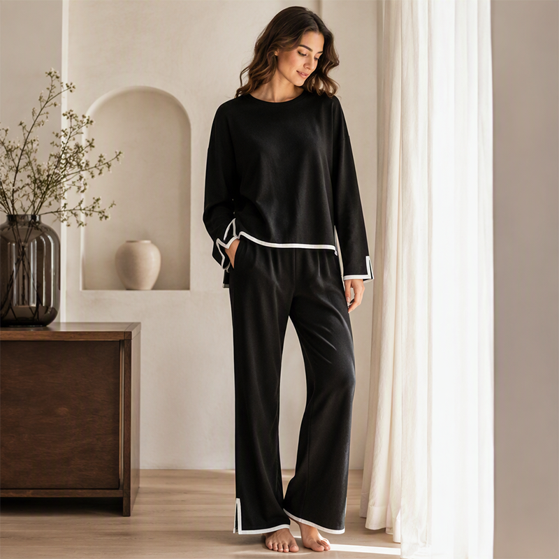 👚New Arrivals - Top & Wide-Leg Trousers Set – Contrast Drawstring Details & Versatile Pockets for Coffee Runs or Lounging