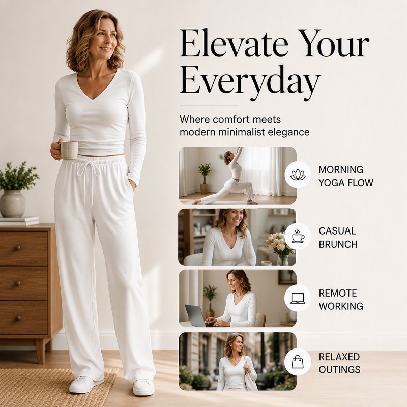 👚 Women's V-Neck Long-Sleeve Top & Wide-Leg Pants Set – Effortless Autumn Elegance