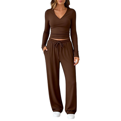 👚 Women's V-Neck Long-Sleeve Top & Wide-Leg Pants Set – Effortless Autumn Elegance
