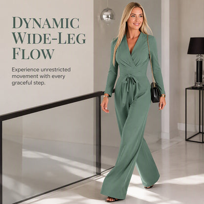 🎀Women's Long Sleeve V-Neck Jumpsuit with Belt – Effortless Elegance in One Look