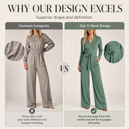 🎀Women's Long Sleeve V-Neck Jumpsuit with Belt – Effortless Elegance in One Look